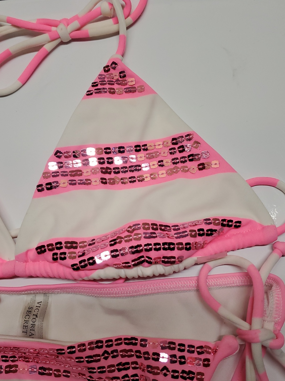 Victoria's Secret Size M White and Pink Sequin Stripe Bikini 2 Piece Set - Picture 5 of 8